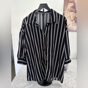 Shein 1XL Black White Striped Button Down Blouse